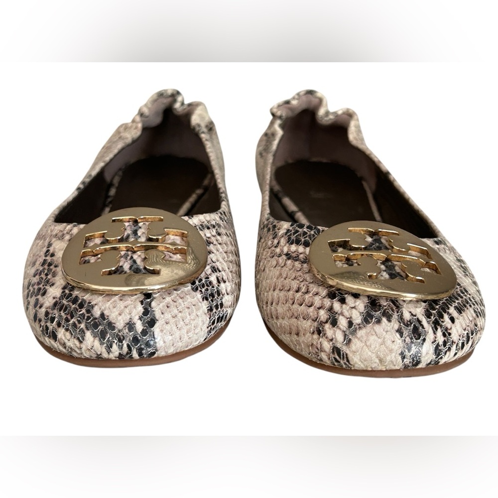 Tory Burch Reva Snakeskin Flats Ballet Beige Brown Gold Logo Size 7.5 - Picture 6 of 16